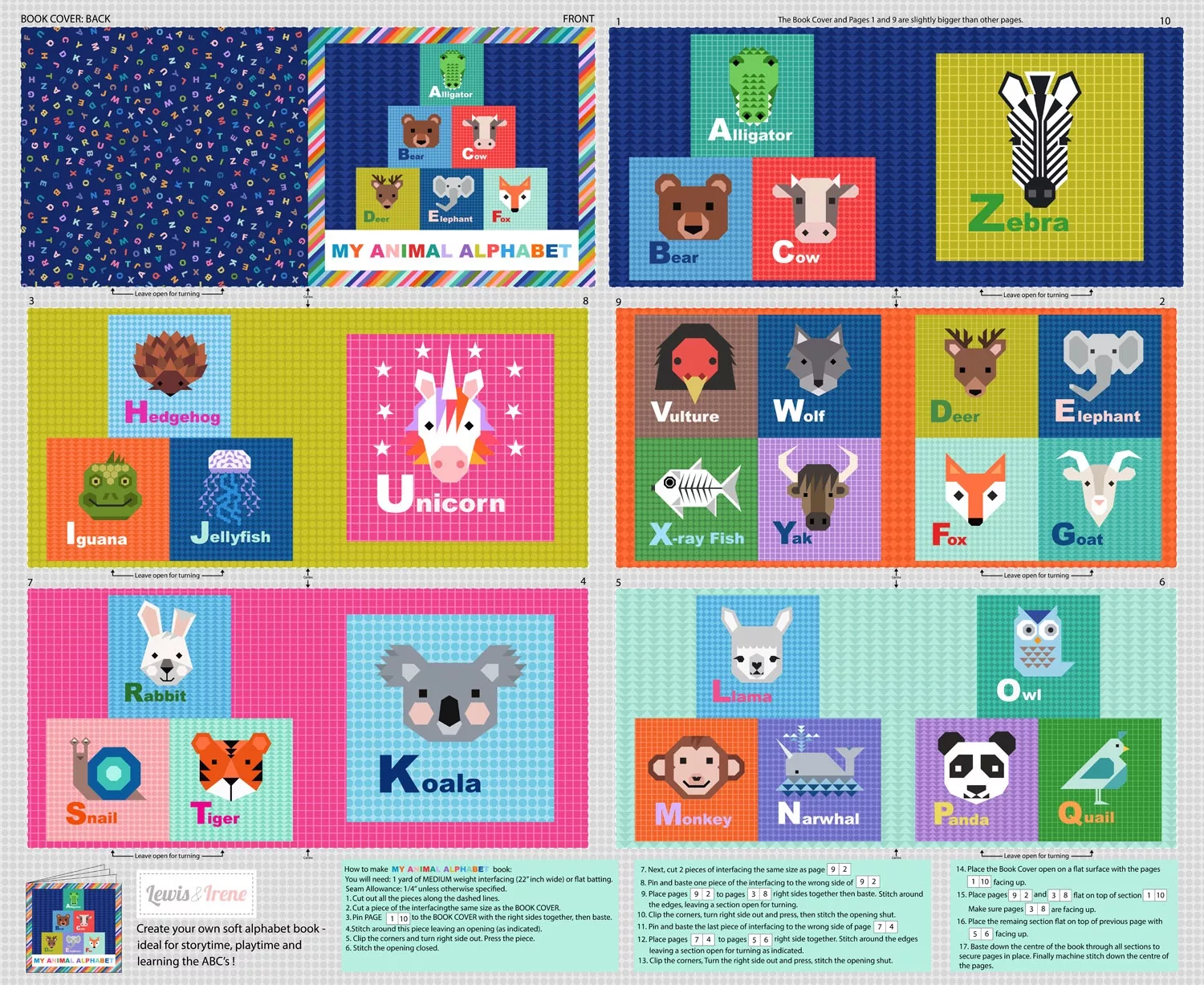 Animal Alphabet Fabric Book Panel by Lewis & Irene